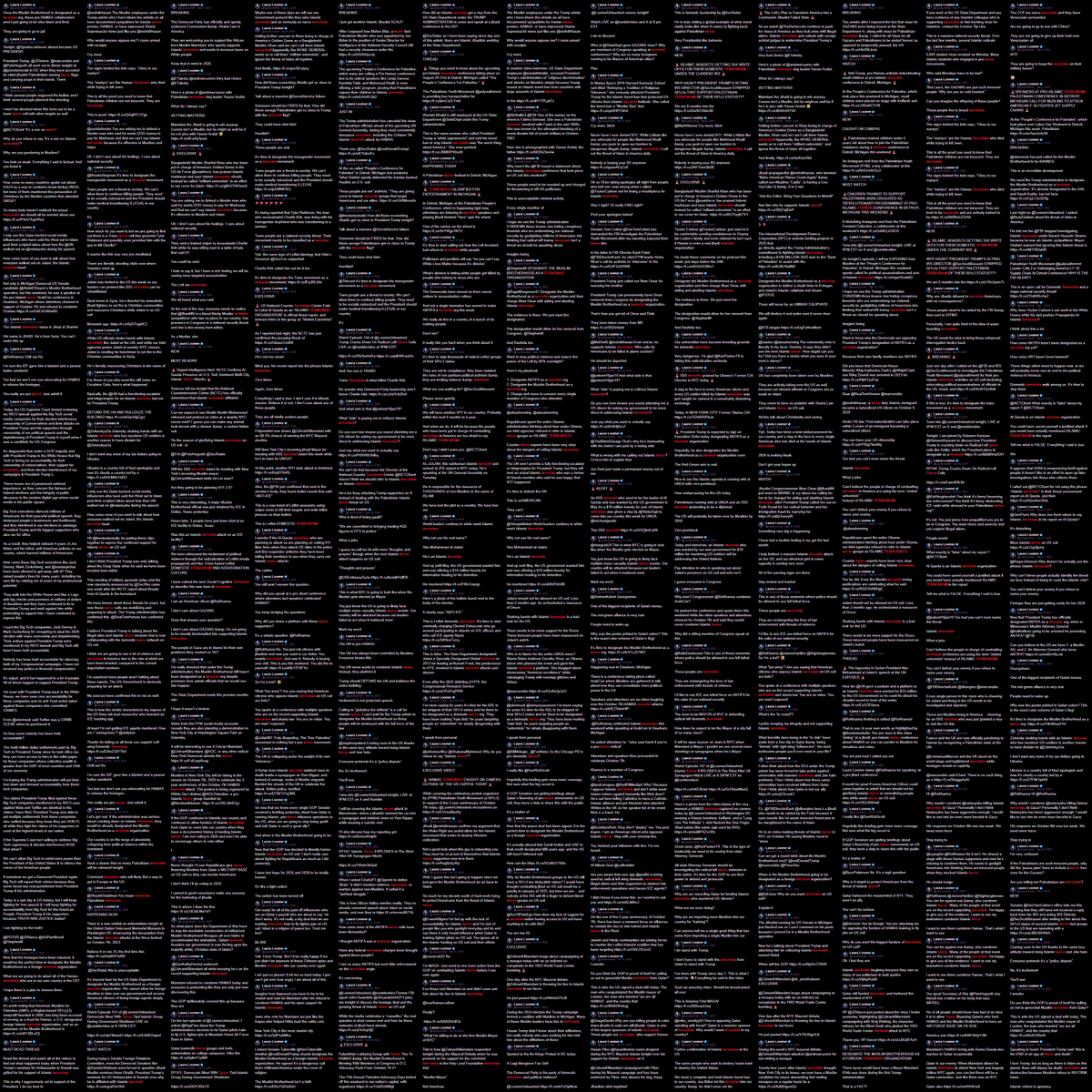 Wallface's tweet photo. 1,085 posts.
1,358 uses of terror-related words.
That’s Laura Loomer using terror rhetoric 1.6 times a day for more than two years to keep her propaganda machine fed.
That is her whole job. https://t.co/TW1FkkpTV2