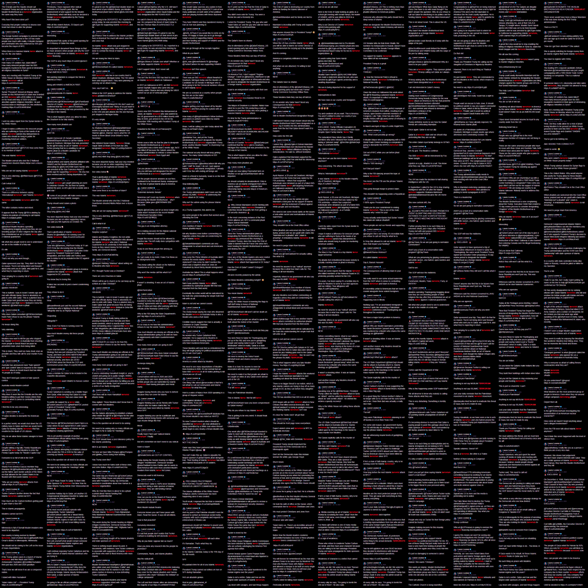 Wallface's tweet photo. 1,085 posts.
1,358 uses of terror-related words.
That’s Laura Loomer using terror rhetoric 1.6 times a day for more than two years to keep her propaganda machine fed.
That is her whole job. https://t.co/TW1FkkpTV2