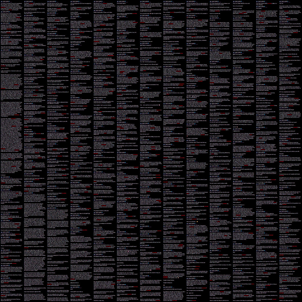 Wallface's tweet photo. 1,085 posts.
1,358 uses of terror-related words.
That’s Laura Loomer using terror rhetoric 1.6 times a day for more than two years to keep her propaganda machine fed.
That is her whole job. https://t.co/TW1FkkpTV2