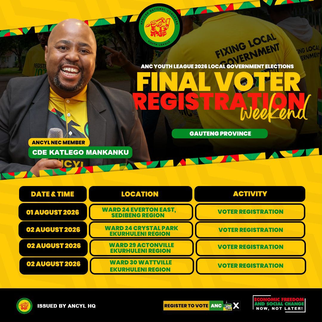 ANCYLhq's tweet photo. This Weekend, ANCYL NEC Members will be on the ground in communities, campuses and voting stations across the country as we intensify the Final Voter Registration Campaign.

We call on all young people to register, verify their registration details and prepare to shape the future through their vote.

#StudentsVoteANC
#RegisterToVoteANC
#ANCYLVotesANC