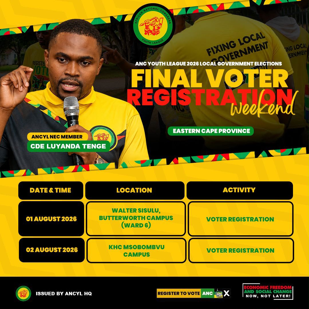 ANCYLhq's tweet photo. This Weekend, ANCYL NEC Members will be on the ground in communities, campuses and voting stations across the country as we intensify the Final Voter Registration Campaign.

We call on all young people to register, verify their registration details and prepare to shape the future through their vote.

#StudentsVoteANC
#RegisterToVoteANC
#ANCYLVotesANC