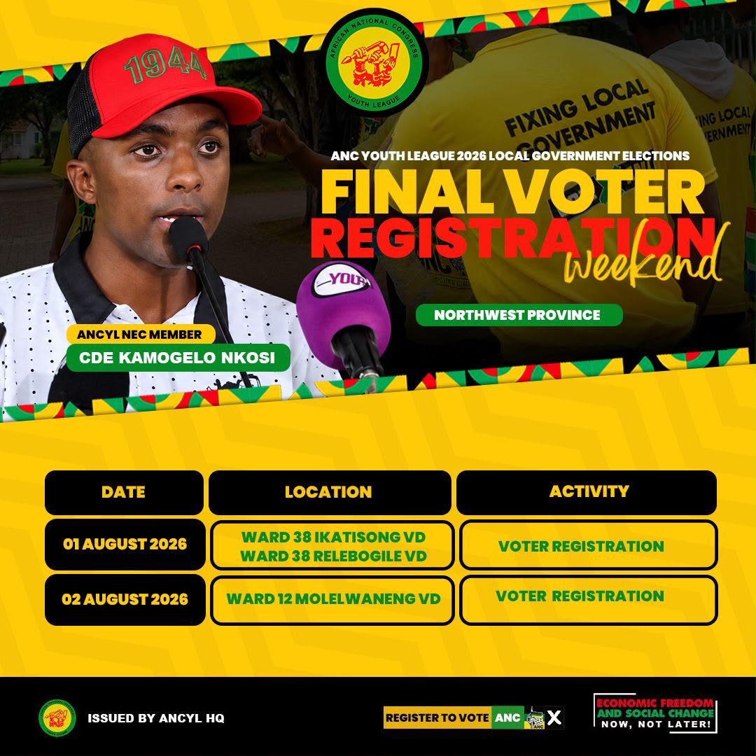 ANCYLhq's tweet photo. This Weekend, ANCYL NEC Members will be on the ground in communities, campuses and voting stations across the country as we intensify the Final Voter Registration Campaign.

We call on all young people to register, verify their registration details and prepare to shape the future through their vote.

#StudentsVoteANC
#RegisterToVoteANC
#ANCYLVotesANC