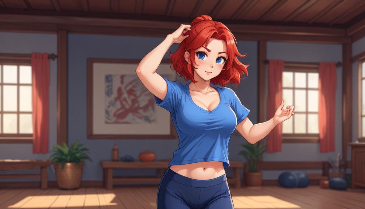 maell55's tweet photo. 1girl, pixel art, large breasts, cleavage, red hair, yoga short, blue shirt ,dancing japanese https://t.co/ZC31tlL46S