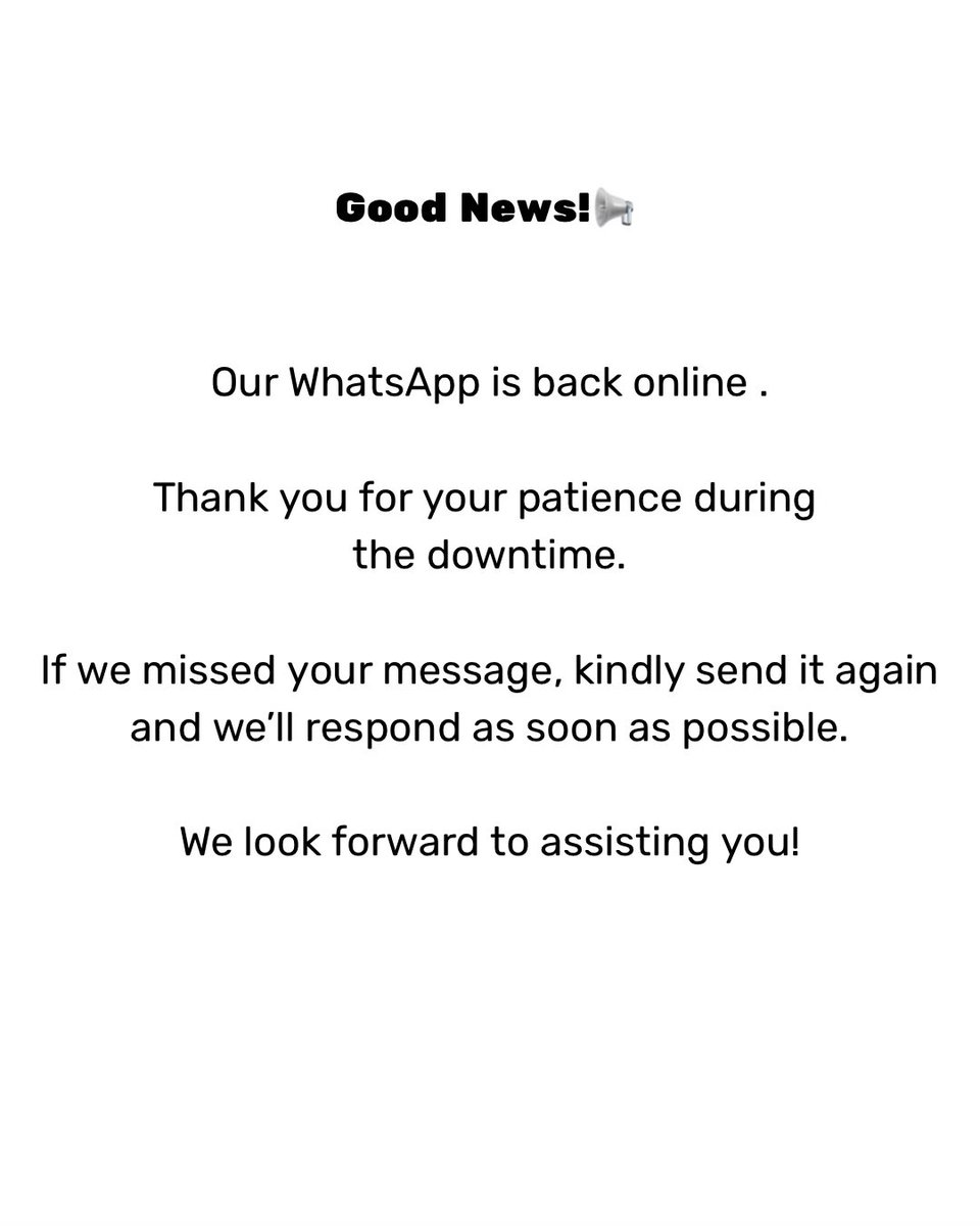 adrois_official's tweet photo. We're back!

Our WhatsApp is fully operational again, and we're responding to messages as usual.

Thank you for your patience and understanding while we resolved the issue. 

If you reached out during the downtime and haven't received a response yet, kindly resend your message . https://t.co/G1cuPbnau8