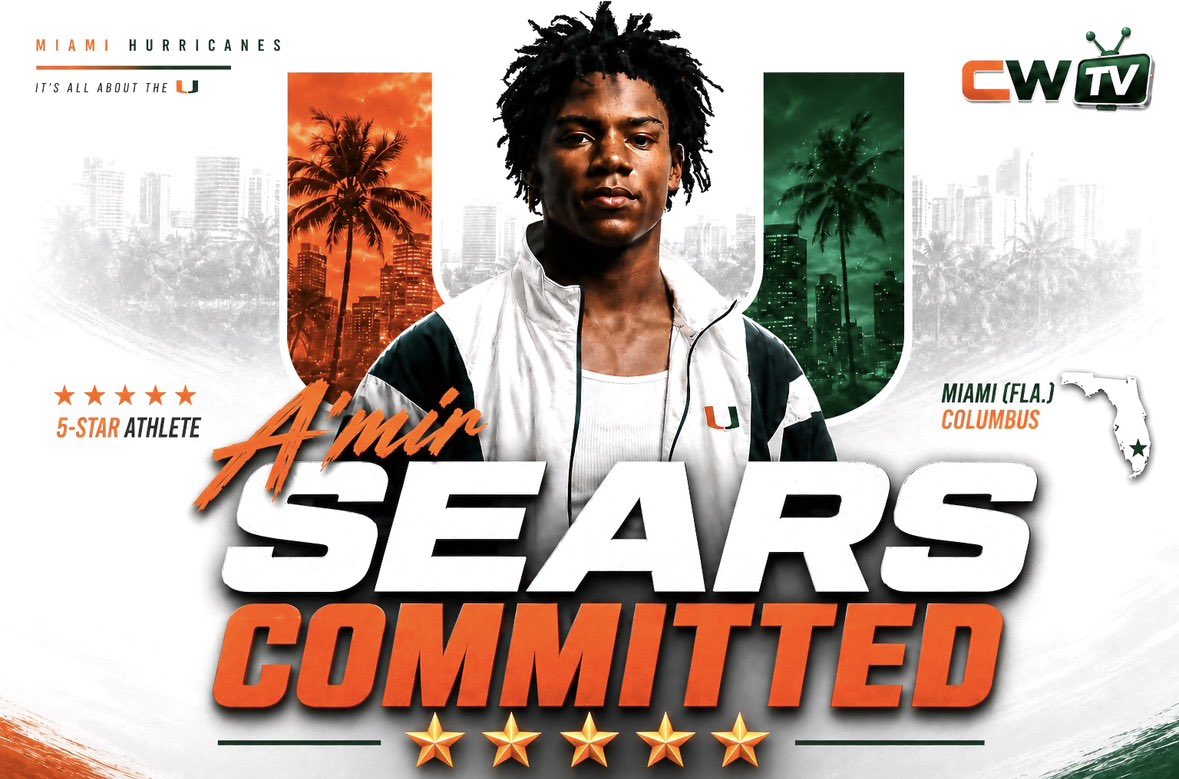 GeoMilian's tweet photo. 🚨BREAKING🚨: Miami (Fla.) Columbus 5-Star ATH A’mir Sears commits to #Miami over LSU, Michigan, and Texas A&amp;M!

https://t.co/pKcYTm9qzB

Sears was the No. 1 overall prospect in the Class of 2028 before officially reclassifying to the 2027 cycle earlier this week. https://t.co/ziD8QSjBFL