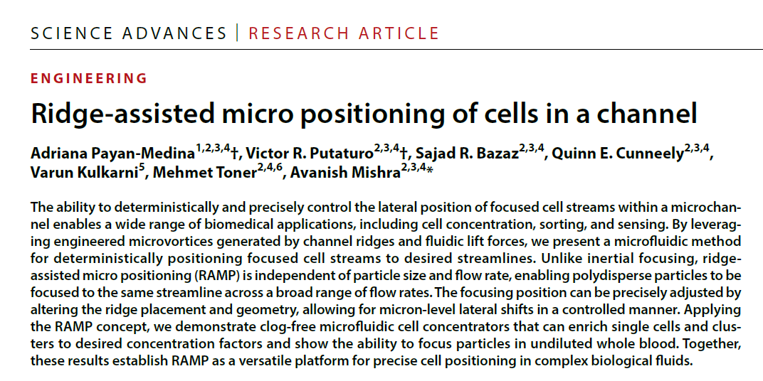 _avanish_'s tweet photo. Excited to share our new article in @ScienceAdvances: Here, we introduce a ridge-assisted micro positioning (RAMP) platform that permits precise (micron-level) adjustable control of lateral cell focusing position. 
https://t.co/asDlFduwfX https://t.co/huE5zC4Lf9