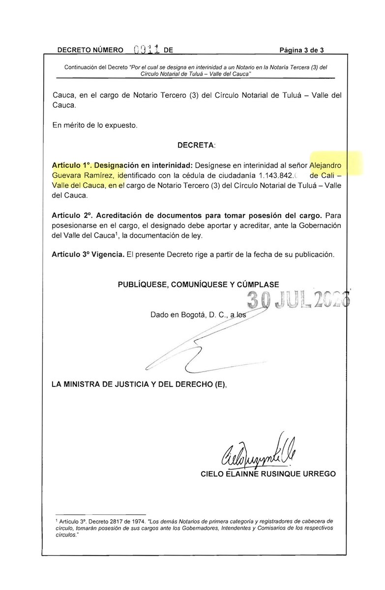 juanmartinbc's tweet photo. 🚨 PETRO LE ENTREGÓ NOTARÍA A ALEJANDRO OCAMPO 🚨

Petro nombró en la Notaría Tercera de Tuluá a Alejandro Guevara Ramírez, quien estuvo vinculado como asesor a la UTL del representante, hoy senador del Pacto Histórico, Alejandro Ocampo.

Las notarías, convertidas en cuotas políticas y puestas al servicio del Pacto Histórico.