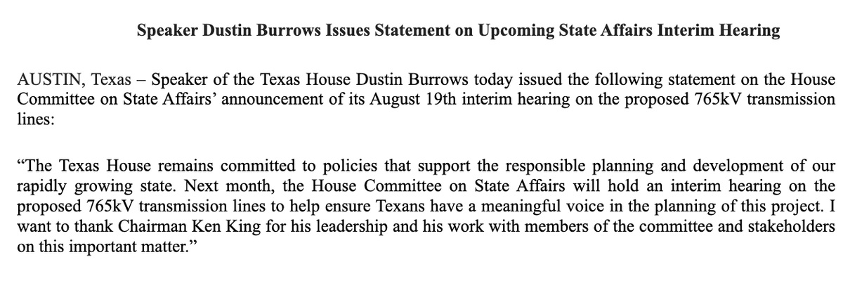 bradj_TX's tweet photo. New: @Burrows4TX statement on the 765 kV hearing of State Affairs next month. Maintains a middle ground tone on the controversial topic. #txlege 

"The Texas House remains committed to policies that support the responsible planning and development of our rapidly growing state." https://t.co/tN26Azb14i