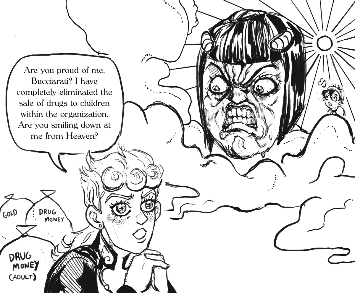 giocuccidati's tweet photo. Though they both dislike selling drugs to kids, Giorno thinks adults have the freedom to use them, while Bruno hates drugs full stop. They never discuss this point of contention once during the series. https://t.co/K8oiAUGIa1