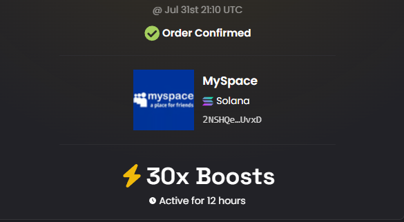 MySpacePF's tweet photo. 30x boosts applied for $MySpace on DexScreener!

Reply with "boosts" or "dex ads" to cast your vote for what we should throw the fees at next! https://t.co/42L7u8cZMv