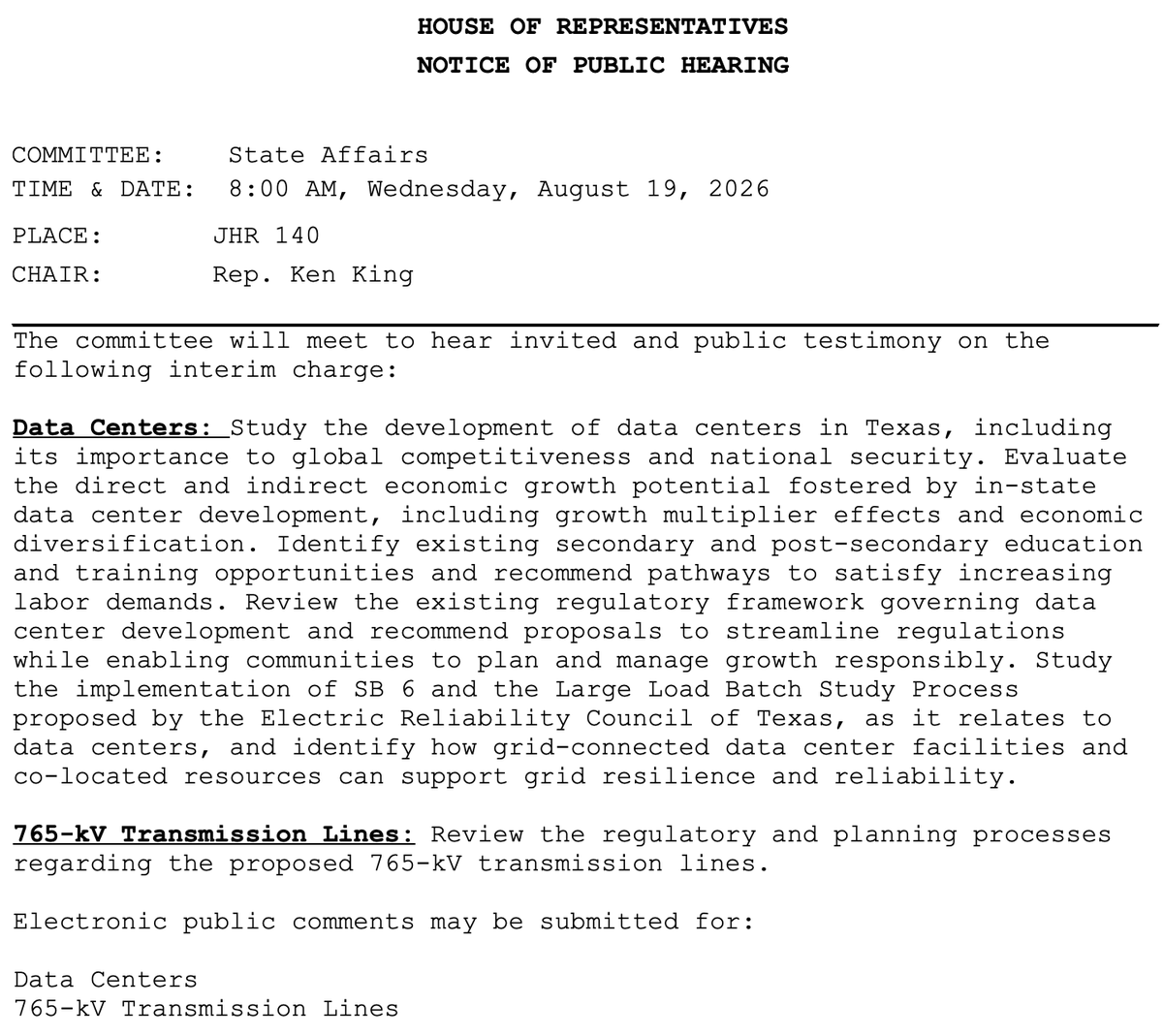 isaiahemitchell's tweet photo. New: @KingForTexas’ State Affairs Committee plans to discuss data centers and 765-kV transmission lines on August 19. #txlege 

https://t.co/h1SJLjR02D https://t.co/QzwhrPDi2f