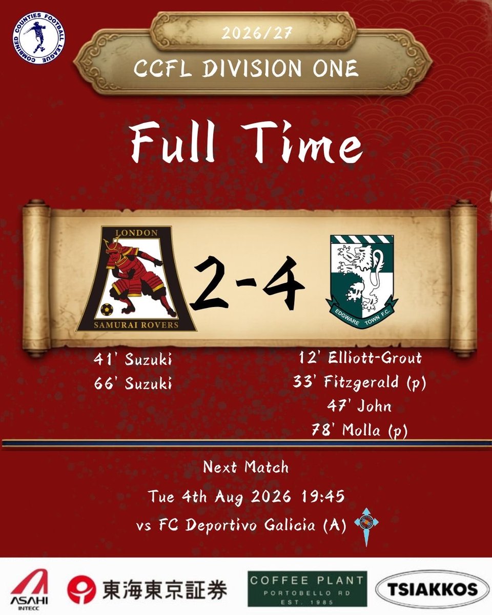 Samurairovers's tweet photo. Full Time
Lose 2-4 (H)
41’ Suzuki
66’ Suzuki
@comcofl
#LONDONSAMURAIROVERSFC
#ASAHIINTECC
#東海東京証券
#TSIAKKOS
#COFFEEPLANTPORTOBELLO
@coffeeplantportobello_ https://t.co/KJPce81sZU