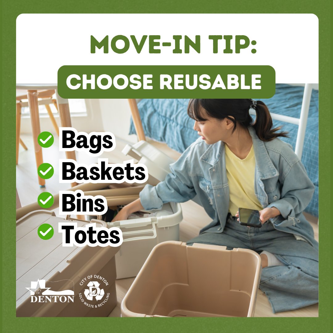 DentonRecycles's tweet photo. Moving into a dorm or apartment?
Pack with reusable bins, totes, baskets, and bags instead of single-use boxes whenever possible.
Reusable containers help reduce waste and create storage for your dorm or apartment!
#ReduceReuseRecycle #MoveInSeason #DentonRecycles https://t.co/TbGV0ItgNZ