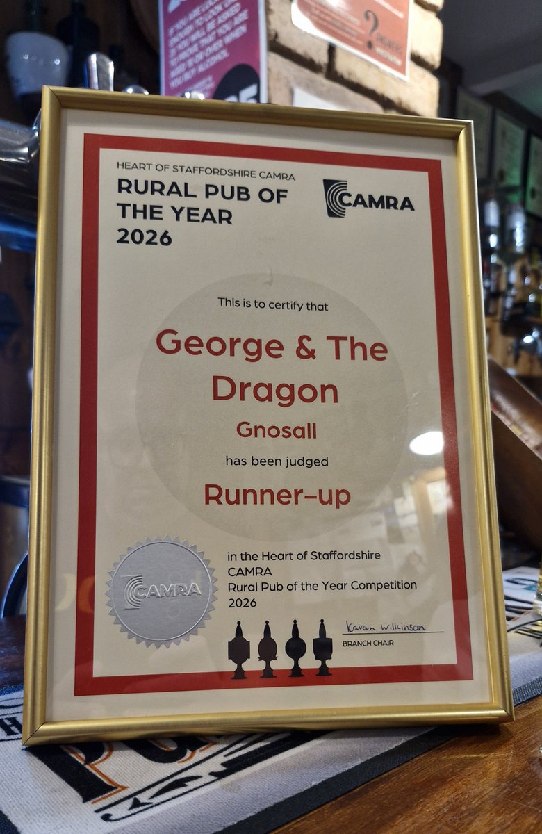 GeorgesGnosall's tweet photo. Heart of Staffordshire #CAMRA Rural Pub of the Year 2026 Runner-up 😃 #Micropub #Gnosall #Staffordshire https://t.co/SOhphPBrOh