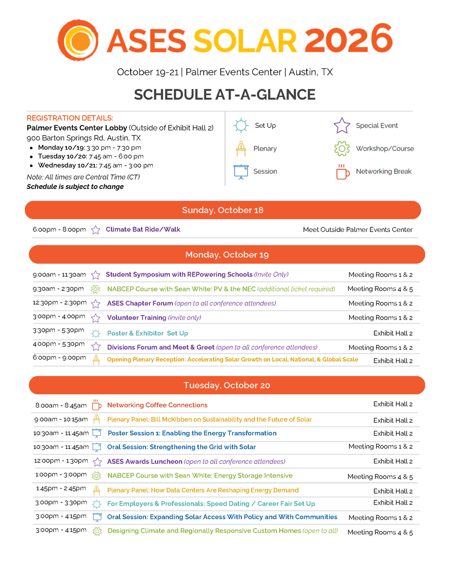 TXSES's tweet photo. TODAY is the FINAL Early Bird deadline for #ASES #SOLAR2026!🚨 Register by 11:59pm CT for 20% off of registration📣 PLUS #TXSES members & friends get an extra 25% off registration (use code TXSES)!
🔗https://t.co/mRacZw5bnZ
🗓️Oct. 19-21, 2026 | Austin, TX
See schedule in pics! https://t.co/wBhGg8S6i9