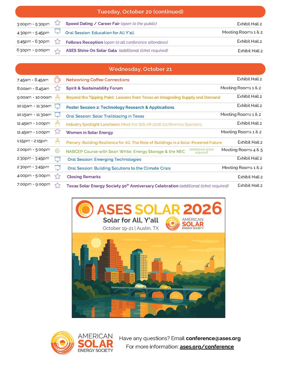 TXSES's tweet photo. TODAY is the FINAL Early Bird deadline for #ASES #SOLAR2026!🚨 Register by 11:59pm CT for 20% off of registration📣 PLUS #TXSES members & friends get an extra 25% off registration (use code TXSES)!
🔗https://t.co/mRacZw5bnZ
🗓️Oct. 19-21, 2026 | Austin, TX
See schedule in pics! https://t.co/wBhGg8S6i9