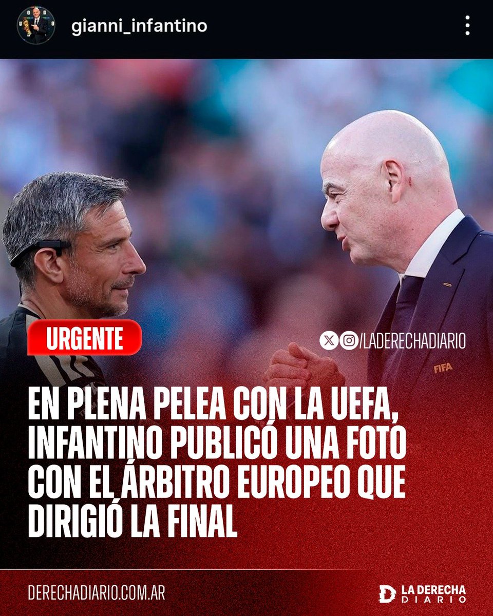laderechadiario's tweet photo. 🚨🇨🇭🇪🇺🇪🇸🇦🇷🇺🇸 | NOS ROBARON EL MUNDIAL: En plena pelea con la UEFA, Gianni Infantino publicó una foto apretándole la mano al árbitro esloveno Slavko Vinčić —de la misma nacionalidad que el presidente de la UEFA— durante la final de la Copa del Mundo entre Argentina y España, en un evidente “palo” a las federaciones europeas que amenazan con destituirlo.