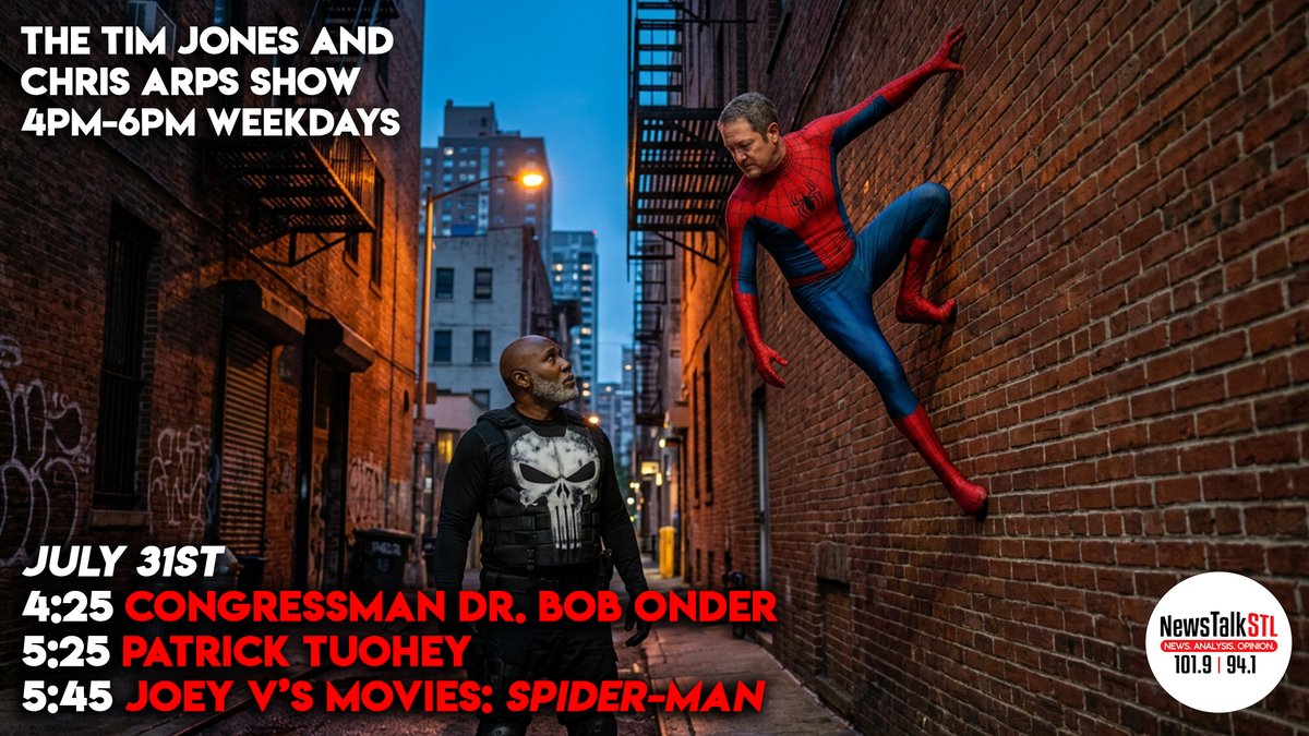 NewstalkSTL's tweet photo. Today (7.31) on @SpeakerTimJones and @chris_arps Show LIVE 4-6pmCT:

4:25 @BobOnderMO 
5:25 @PatrickTuohey of @ShowMe 
5:45 Joey V's Movies: #SpiderManBrandNewDay

STREAM IT! https://t.co/3ISlniqh8m
PODCAST https://t.co/rgadJIdFEd
PIC  Harry J's Steakhouse, Freddie's Market, Best Buy Flooring, and AAA Motor Speedway