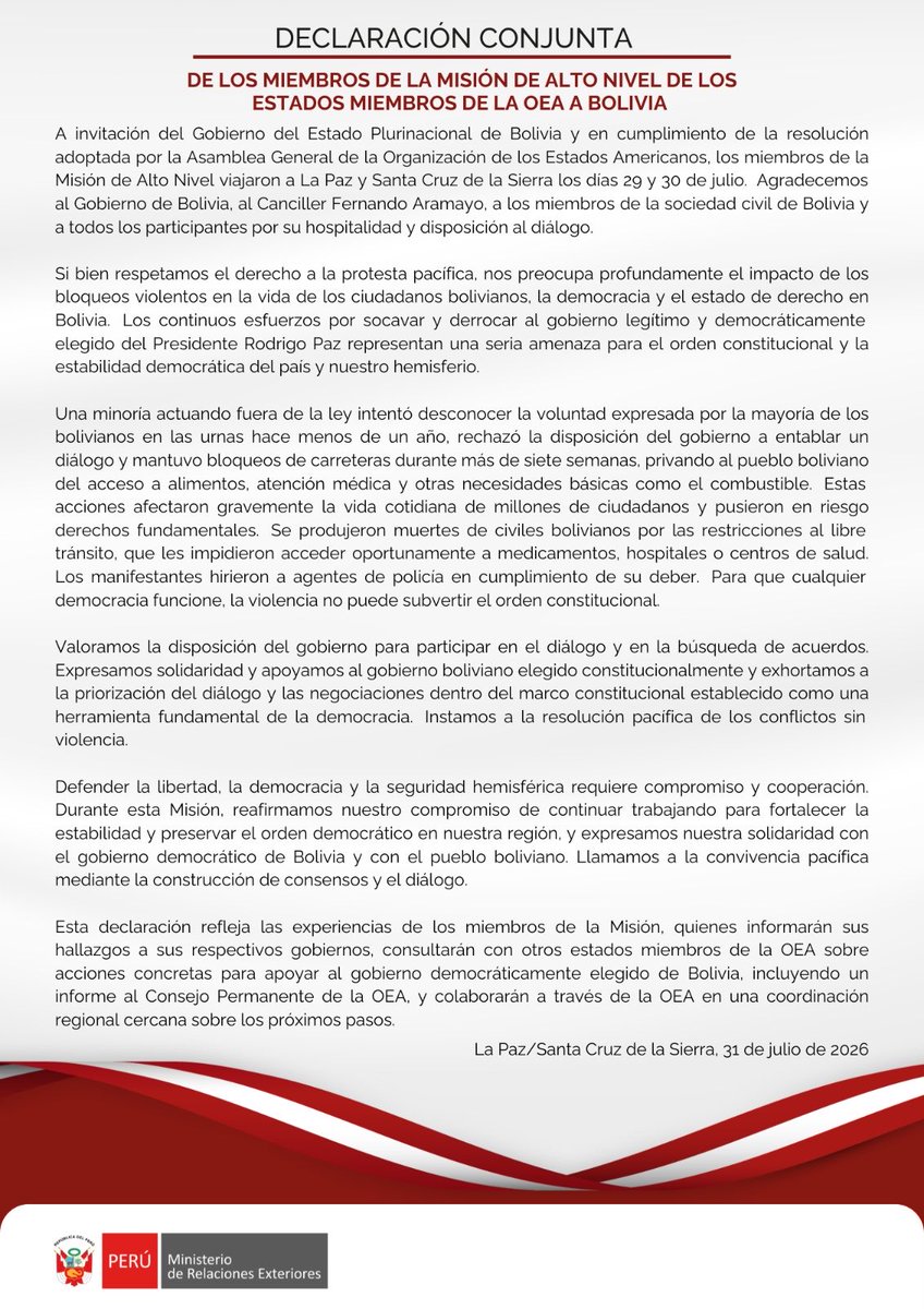 CancilleriaPeru's tweet photo. 📄 Declaración de los miembros de la Misión de Alto Nivel de los Estados Miembros de la OEA a Bolivia. 

👉https://t.co/4Dmv0HwraI https://t.co/ihhUbuOCDs