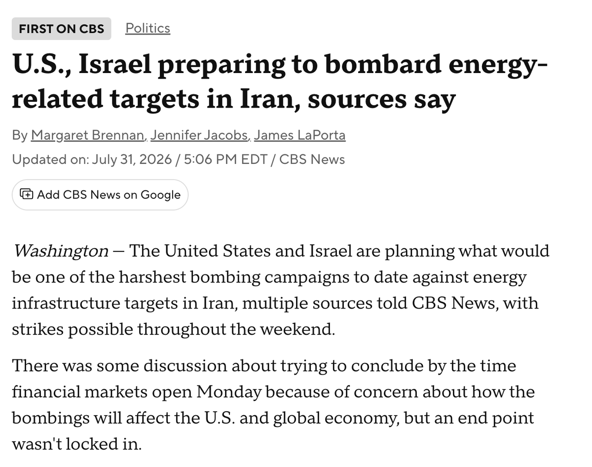 Faytuks's tweet photo. BREAKING: The United States and Israel are planning to bombard energy-related targets in Iran, sources say -CBS

https://t.co/8wTnaBB2Rp https://t.co/MKoNqbVL00