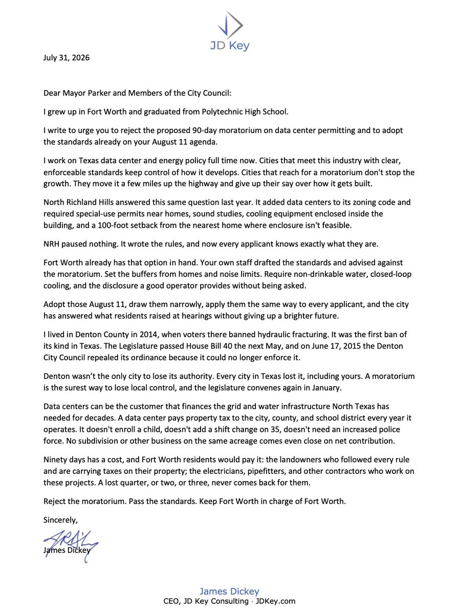 jamesdickey's tweet photo. .@CityofFortWorth council votes Aug. 11 on a 90-day data center moratorium. Staff already drafted standards: 250-ft setbacks from homes, closed-loop cooling.

I grew up there and graduated from Poly. 

My letter: pass standards and reject the moratorium.

@MayorMattie https://t.co/nU8VFnVji4