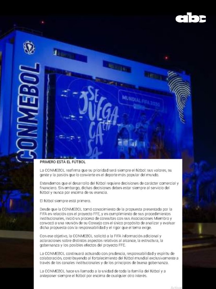 ABCDeportes's tweet photo. EL COMUNICADO DE LA CONMEBOL

➡️La Conmebol emitió un comunicado sobre la propuesta de la FIFA y señaló que solicitaron información extra sobre distintos aspectos relativos al alcance, la estructura, la gobernanza y los posibles efectos del proyecto FFE.

✍️"Entendemos que el desarrollo del fútbol requiere decisiones de carácter comercial y financiero. Sin embargo, dichas decisiones deben estar siempre al servicio del fútbol y nunca por encima de su esencia", detalló.

#ABCDeportes #ElJuegoQueSentimos #730AM