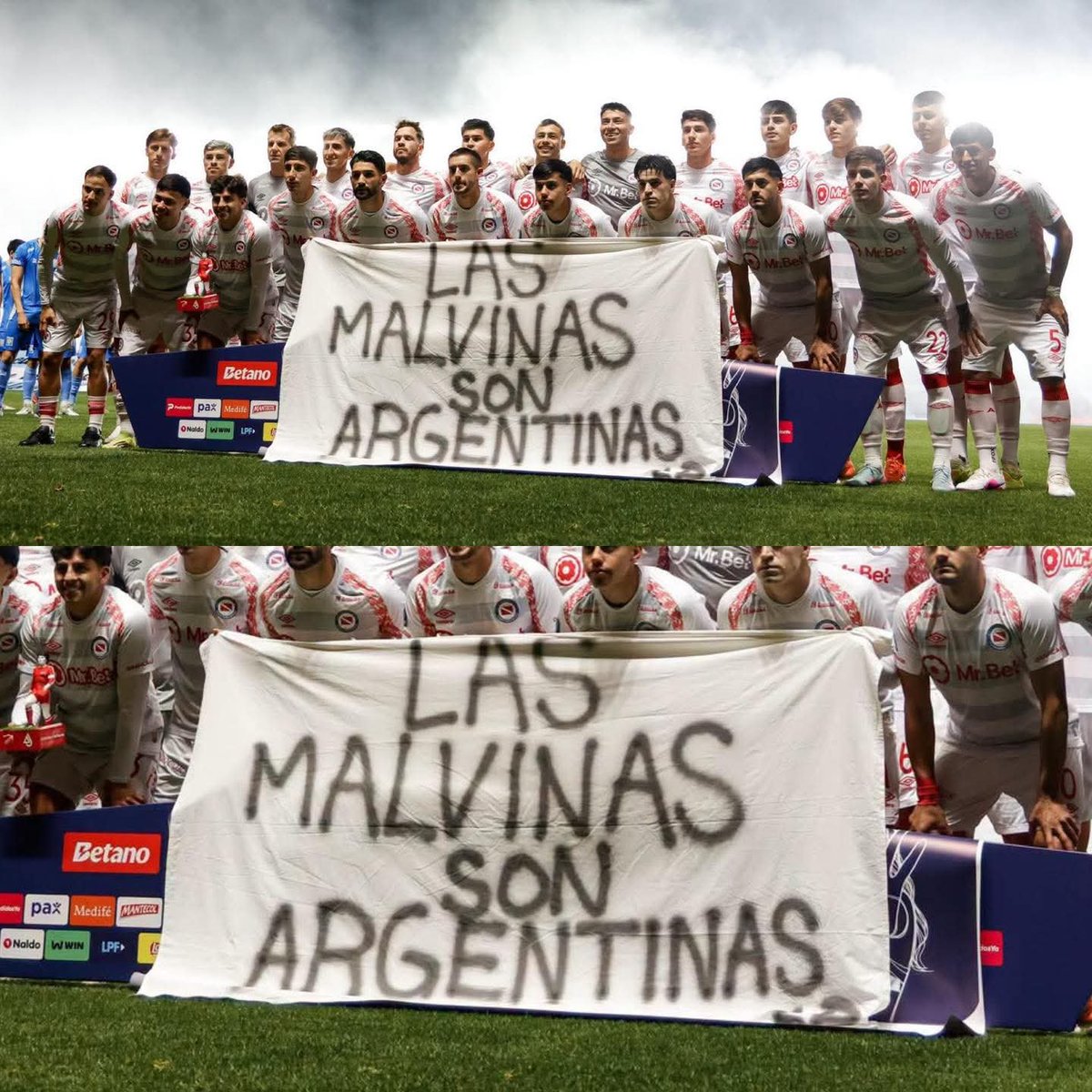 Wiimanu12's tweet photo. 🚨 INCREÍBLE PERO CIERTO  

El equipo de la liga argentina de futbol “argentinos Juniors” salió a la cancha con una pancarta que decía “las Malvinas son argentinas”

SON ARGENTINAS 🇦🇷 

#futbol https://t.co/djj9wsmbjK