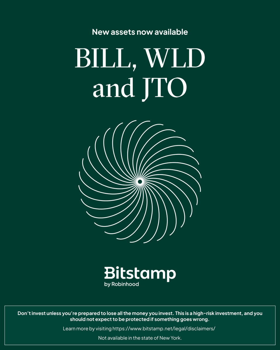 RobinhoodCrypto's tweet photo. Billions Network ($BILL), Worldcoin ($WLD) and Jito ($JTO) are now available to trade on Bitstamp by Robinhood. https://t.co/QN7AICYkoH