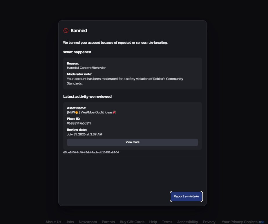 xavkazz's tweet photo. My account "8ivesss" just got falsely banned for Harmful Content/Behavior. A lot of people got terminated today for the same reason. Roblox please fix this issue #RobloxDevs #RobloxDev #Roblox #New #RobloxBan #RobloxBug #RobloxIssue #Moderation @Roblox @InsideRoblox https://t.co/wwc7hDDbUw
