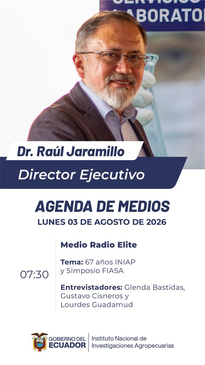 INIAPECUADOR's tweet photo. El Director Ejecutivo del INIAP, Dr. Raúl Jaramillo compartirá los principales avances del Instituto en el marco de sus 67 años de trayectoria, además del primer Simposio #FIASA 2026.

🎙️Mañana sintoniza la entrevista aquí: 
https://t.co/b0XDQORyh7 https://t.co/wuBFT83LRa