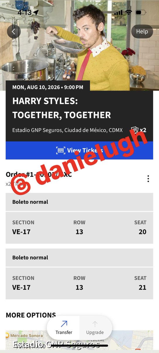 danieIugh's tweet photo. i have 3 tickets to harry styles on august 10th in mexico city!! selling for $105 each, which is what i originally paid

section VE-17, row 13, seats 20-22 (only two pictured as a friend has the third ticket). https://t.co/YSeMaKgyfz