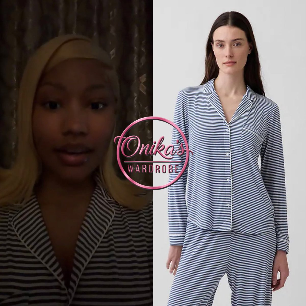 onikaswardrobe's tweet photo. X/Tiktok Post (2026)

Nicki Minaj wearing a Gap SoftMade Modal PJ Top in a Navy Blue &amp; White Stripe pattern ($49.95) 
#nickiminaj #fashion #style #pajamas #gap #barbie https://t.co/OdHtzemDDY