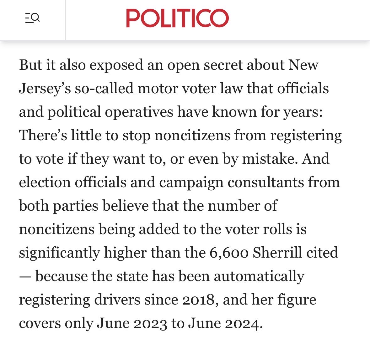 philipletsou's tweet photo. POLITICO: “There’s little to stop noncitizens from registering to vote if they want to, or even by mistake … election officials believe that the number of noncitizens being added to the voter rolls is significantly higher than the 6,600 Sherrill cited”

Oh https://t.co/qKJnHN2Fh4