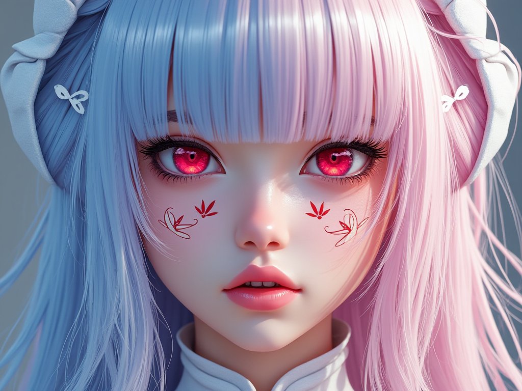 maell55's tweet photo. Key features:Hair: Straight bangs and long flowing locks that are split-colored — soft pastel blue on the left side and light pink on the right. She’s wearing large white/light-blue over-ear headphones with small white bows attached near the ears.
Eyes: Large, vivid red irises with a glossy, reflective quality and long dark lashes.
Face markings: Delicate red tattoos on both cheeks — each has a small leaf/herb symbol and a stylized butterfly outline.
Expression: Soft, slightly parted lips and a calm, direct gaze.
Clothing: A high-collared white garment (possibly a qipao-inspired or formal top).