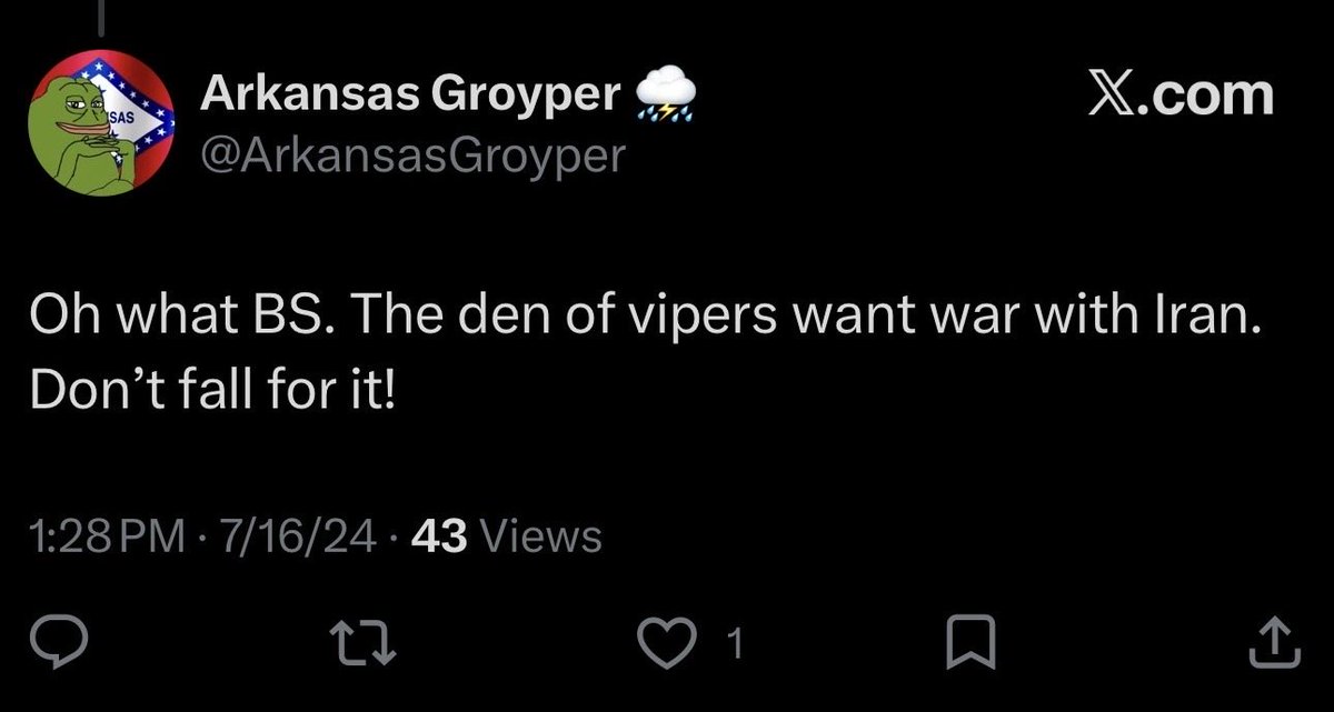 GroypPortland's tweet photo. @ArkansasGroyper @PlisskenPatriot What does that make you bitch boy? 

You got conned for a war with Iran 😂 https://t.co/wM266TJ0mr