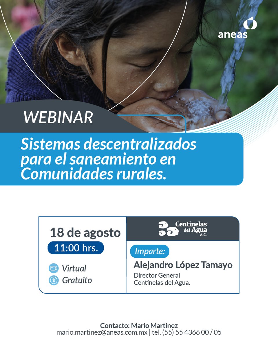 ANEASdeMexico's tweet photo. 💧 El acceso al saneamiento requiere soluciones adaptadas a las necesidades de cada comunidad.

Participa en el webinar "Sistemas descentralizados para el saneamiento en comunidades rurales" y conoce alternativas que contribuyen a ampliar la cobertura y mejorar la calidad de vida en zonas rurales.

🗓️ 18 de agosto
🕚 11:00 h (Centro de México)

🔗 Conéctate aquí:
https://t.co/BjEXBMa97b

#ANEAS #LaRedQueSumaFluyeYConecta 💦 #CulturaHídrica