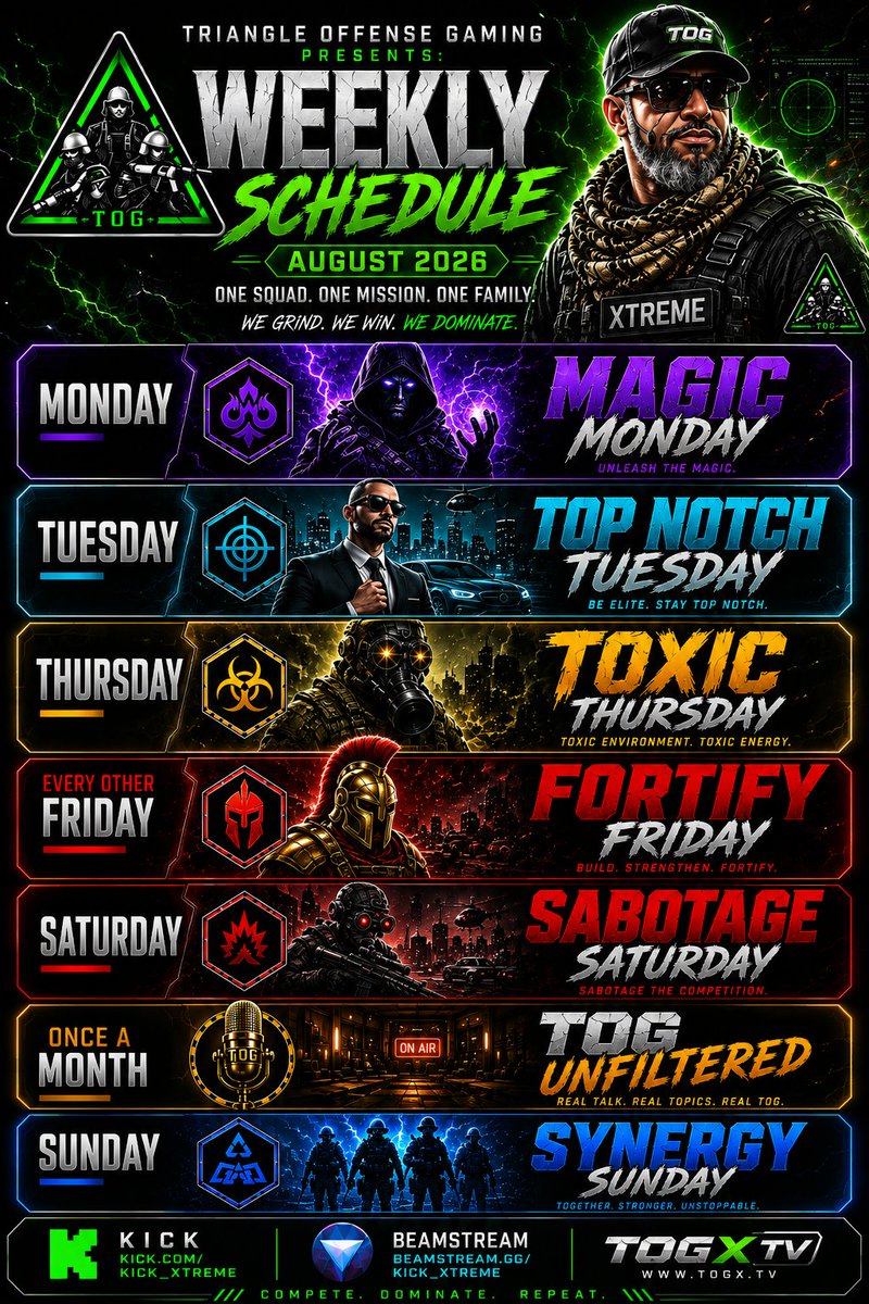togxtv's tweet photo. Here's @KICK_XTREME New Schedule for August!!! @ElationEsports @f12community @BEAMStreamGG @kickcommunity @KickVillage Don't forget to stay locked and tuned in!!! Links are in the image!!!! https://t.co/CXlb2cFMii