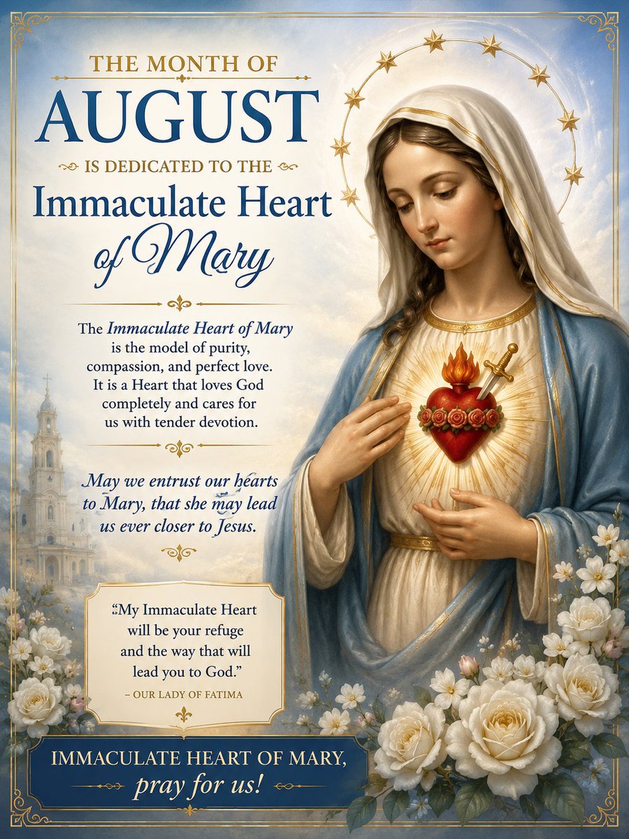 Walkwithsaints's tweet photo. Welcome to August, a month dedicated to the Immaculate Heart of Mary, the heart that loved Jesus most perfectly &amp; continues to lead all her children to Him.
May this month be an opportunity to renew our devotion to Our Blessed Mother &amp; to imitate her loving "yes" to God. https://t.co/YDRLIdY655