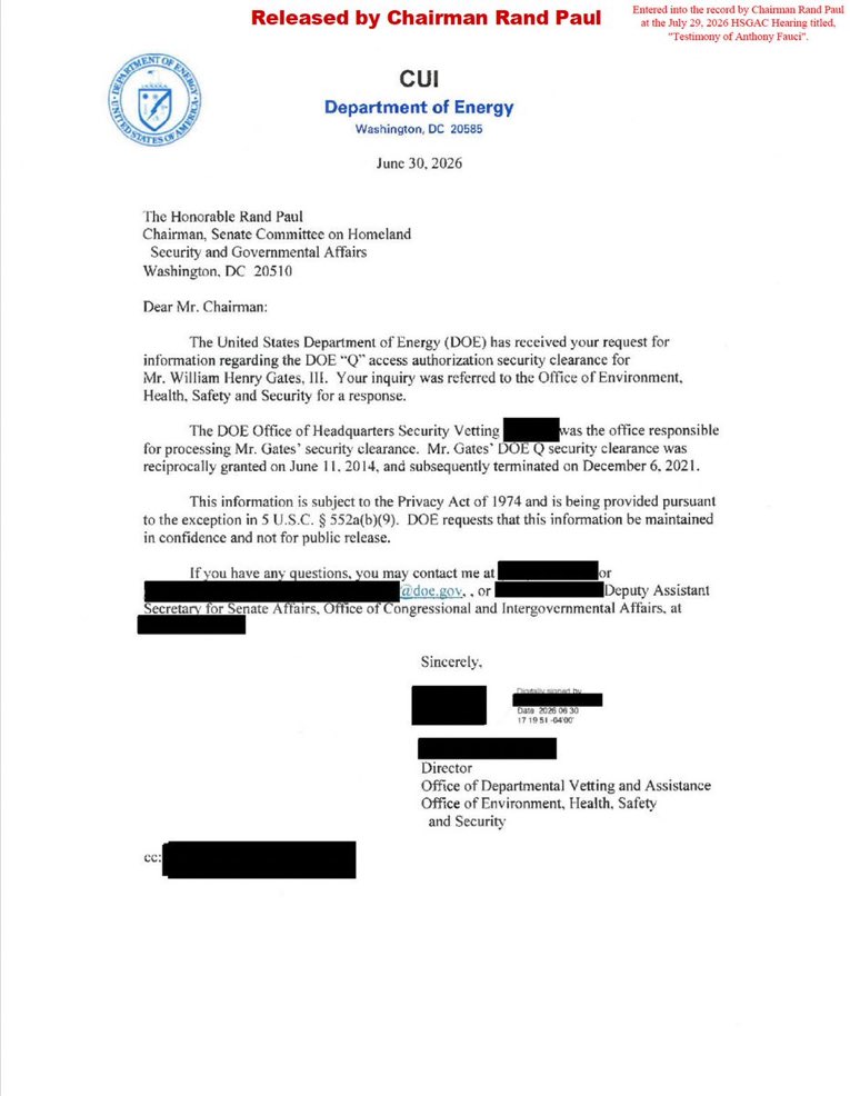 verity_france's tweet photo. Bill Gates a détenu une habilitation de sécurité « Q » du Département de l'Énergie pendant sept ans, y compris au plus fort de la pandémie de COVID-19. Le DOE a confirmé que son habilitation « a été accordée réciproquement le 11 juin 2014, et a ensuite été résiliée le 6 décembre 2021. »
Une habilitation « Q » permet l'accès aux Données Restreintes Secrètes du gouvernement des États-Unis.