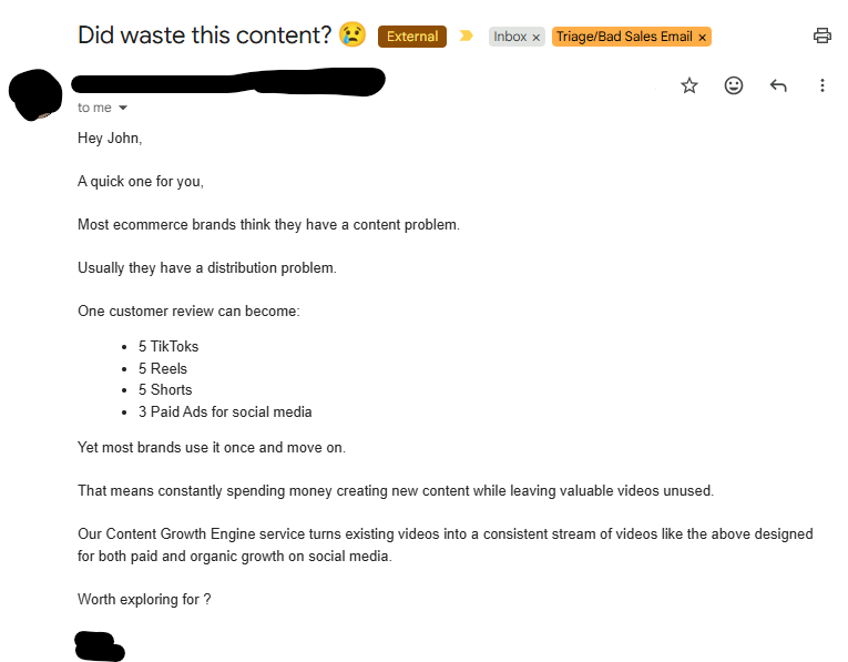 JohnMRoman's tweet photo. 🚨 BAD SALES EMAIL ALERT 🚨
Happy Monday Folks! I am back baby!
Enough pleasantries, let's get into the violence (and the fixes).

This whole email had exactly two personal touches. Both were our brand name, and both came out blank.

🏷️ A subject line that makes no sense
It reads "Did waste this content?" A word clearly fell out of that sentence, and it was the brand name. What's left is broken English at the top of my inbox. A subject that doesn't parse is the entire first impression, and for most people it's the last one before they hit delete.

🔁 The sign-off breaks the same way
The final line, the actual ask, is "Worth exploring for ?" Same missing brand name, same blank. Those were the two spots they chose to personalize, and both failed to load. Nobody read this before it went out.

🧵 A LinkedIn post wearing an email costume
The open is a scroll-stopper hook: "Most ecommerce brands think they have a content problem. Usually they have a distribution problem." That's a LinkedIn one-liner dropped into a cold email. It reads like a post got copied into my inbox and blasted to a list. Different rooms, different rules.

📉 No proof anywhere
For a pitch about growth, there's not one result, client, or number in it. No brand they've done this for, no before and after. They want a meeting on assertions alone.

📣 The big one: teaching content to a content brand
The whole pitch is a beginner lesson: "one customer review can become 5 TikToks, 5 Reels, 5 Shorts." BattlBox is a content engine. It's a big reason brands in our space come to us in the first place, and we've built a large following on every channel doing exactly this. Sending us Content 101 is like selling swim lessons to a lifeguard. Ten seconds on any of our profiles ends this email before it starts.

Here's how to clean it up:
✅ Test every merge field, the subject and the sign-off especially
✅ Write it like an email, that's the room you're in
✅ Bring one piece of proof: a client, a result, a real number
✅ Know what the brand is already great at before you pitch