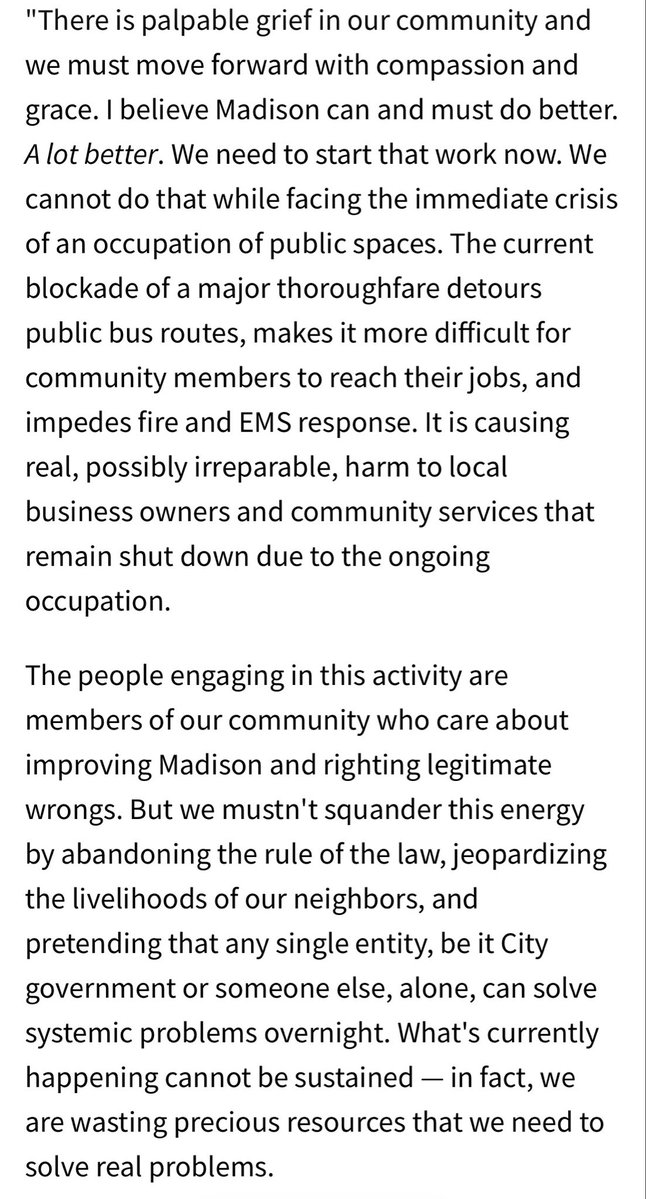 AJBayatpour's tweet photo. NEW: Madison Mayor Satya Rhodes-Conway issues another statement saying the barricades/encampment are causing “real, possibly irreparable harm to local business owners and community services”

The mayor calls for “voluntarily taking down the barricades” https://t.co/u2jBqZSPEZ