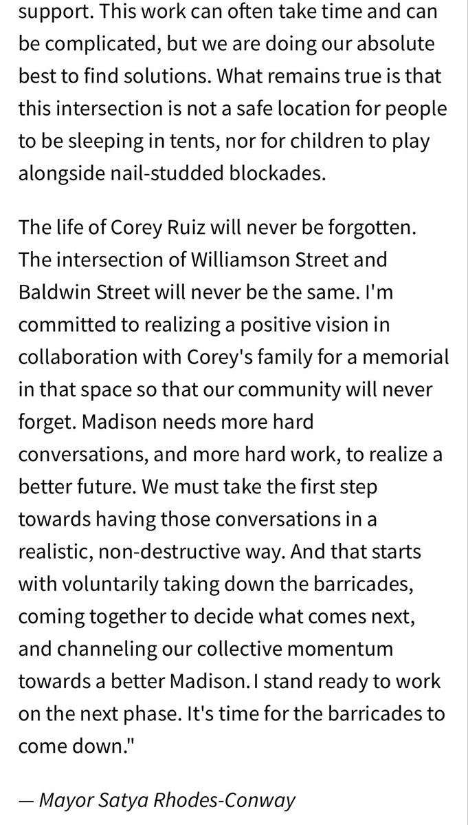 AJBayatpour's tweet photo. NEW: Madison Mayor Satya Rhodes-Conway issues another statement saying the barricades/encampment are causing “real, possibly irreparable harm to local business owners and community services”

The mayor calls for “voluntarily taking down the barricades” https://t.co/u2jBqZSPEZ