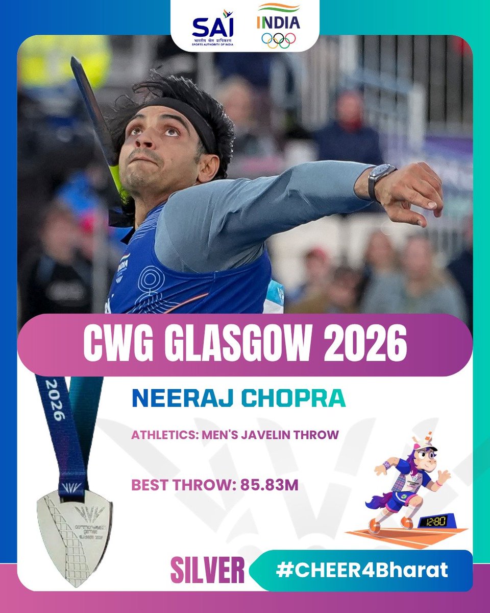Media_SAI's tweet photo. Result Update🚨: Athletics, Men's Javelin Throw

HISTORIC DOUBLE PODIUM FOR BHARAT! 🇮🇳

TOPS Core athlete Neeraj Chopra wins Silver with a best throw of 85.83m, while Khelo India athlete Yash Vir Singh claims Bronze with 85.41m in the Men's Javelin Throw.

For the first time in Commonwealth Games history, two Indians have finished on the podium in the Men's Javelin Throw.

#Cheer4Bharat #CWG2026 #Glasgow2026
