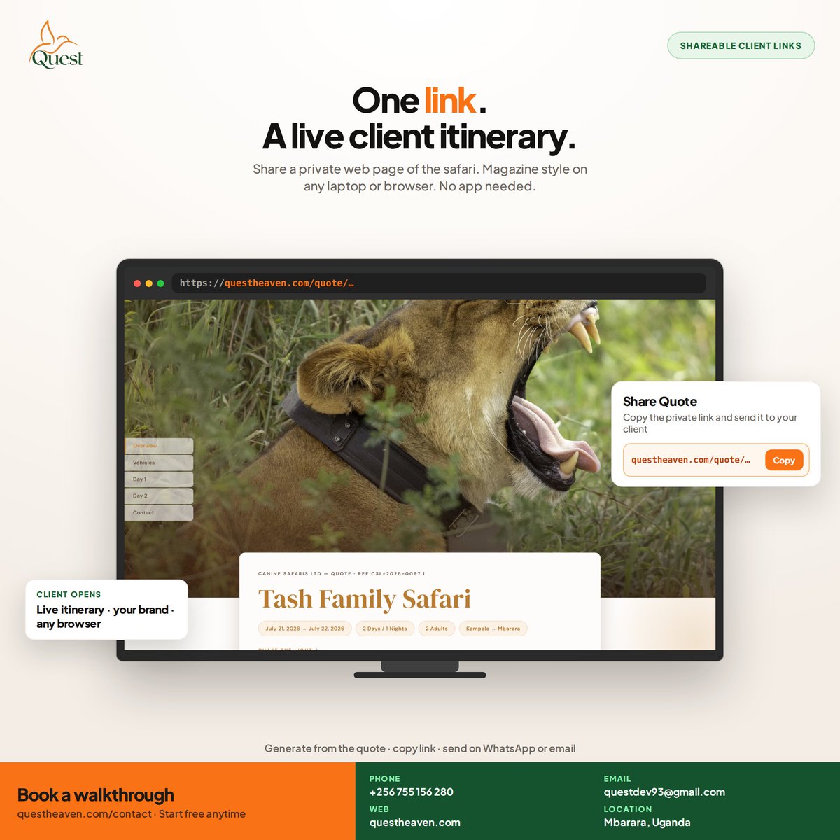 Questsafarisug's tweet photo. One link. A live client itinerary.

Share a private safari page.
Client opens it in any browser. No app needed.

Generate from the quote. Copy the link. Send on WhatsApp or email.

https://t.co/mEZzHzgxAM https://t.co/tf1YVB93O2