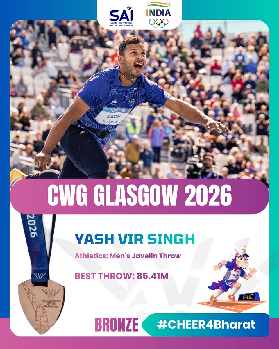 Media_SAI's tweet photo. Result Update🚨: Athletics, Men's Javelin Throw

HISTORIC DOUBLE PODIUM FOR BHARAT! 🇮🇳

TOPS Core athlete Neeraj Chopra wins Silver with a best throw of 85.83m, while Khelo India athlete Yash Vir Singh claims Bronze with 85.41m in the Men's Javelin Throw.

For the first time in Commonwealth Games history, two Indians have finished on the podium in the Men's Javelin Throw.

#Cheer4Bharat #CWG2026 #Glasgow2026