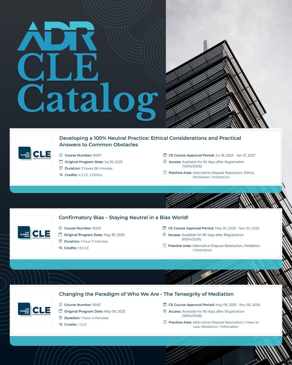 FlaBarADR's tweet photo. Your next CLE credit is one click away.

Browse the full catalog and register today: https://t.co/zKPSkIfWRj

#FloridaBarADR #ADRSection #CLE #CME #Mediation #LegalEducation https://t.co/leZ70KCu4h