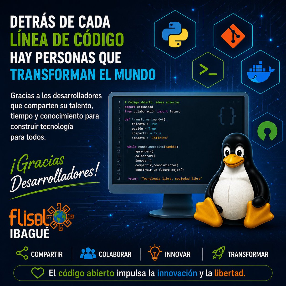 danielguzman1's tweet photo. 👨💻 Detrás de cada proyecto Open Source hay personas que comparten su tiempo, experiencia y conocimiento para construir tecnología para todos.
Gracias a los desarrolladores que hacen posible este ecosistema.
💚 #FLISOL #SoftwareLibre #OpenSource #Linux #Developer #CodigoAbierto https://t.co/1aYJTx8MNl