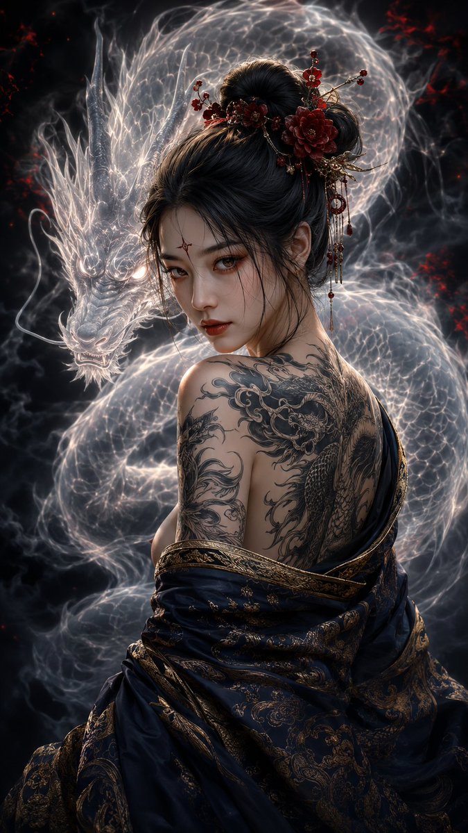 sophiasworld_17's tweet photo. Protected by the white spirit dragon, she carries ancient power upon her skin—mysterious, graceful, and unstoppable. 🐉🤍✨
#SpiritDragon #DragonTattoo #AsianFantasy #MysticBeauty https://t.co/xIXvsX46FH