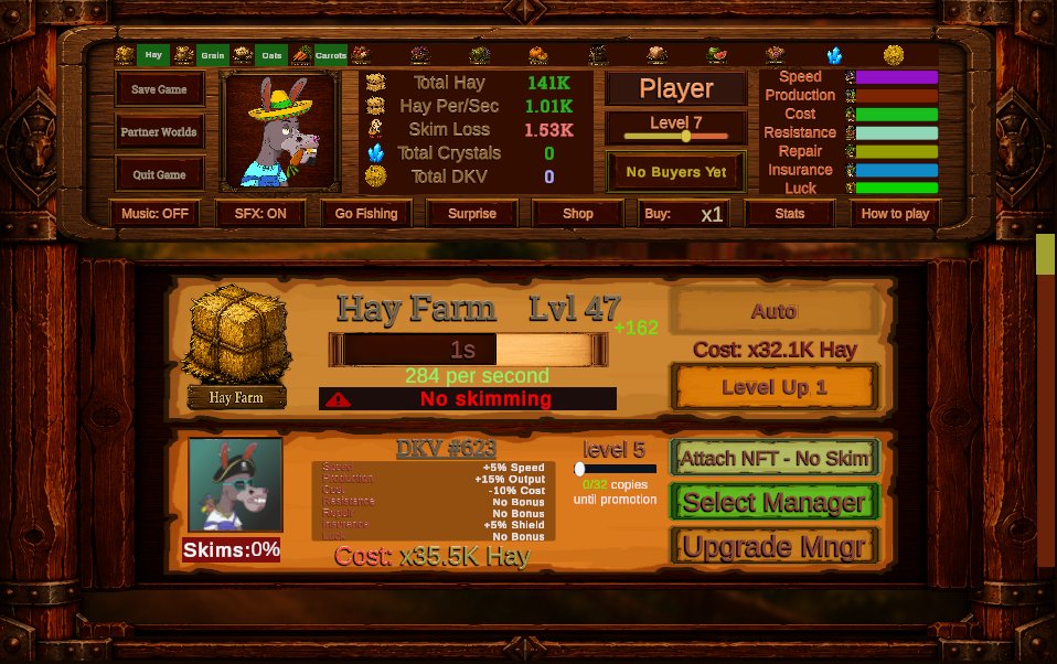 Adammcg20's tweet photo. The DKV game Idle Donkeys is now live. Go play it for free, it's fun! A classic tycoon loop idle game with NFTs incorporated as upgradeable in-game assets. Grow your farm empire to progress to opening a DKV token farm (requires playing with one DKV NFT). https://t.co/UkSytSxk19 https://t.co/2SsRhle0am
